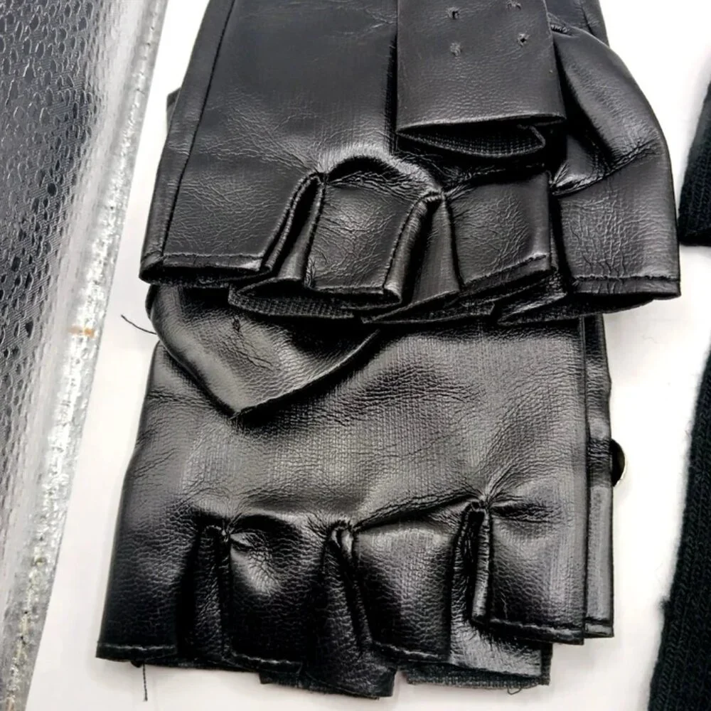 Lot Of 2 Fingerless Gloves Faux Leather Studded + Skelton Print-Black-Unisex